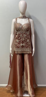 Sculpted floral-embroidered top of the copper rose palazzo set