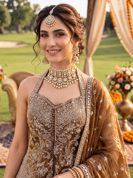 Bronze Gold Floral Halter Kurta Skirt Set