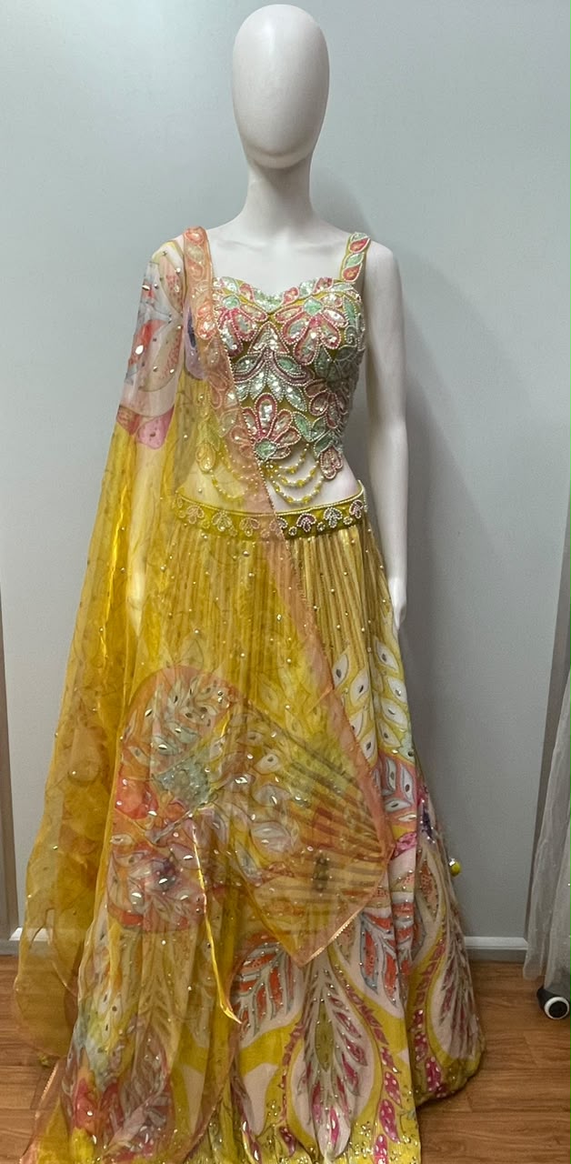 Sunshine Yellow Floral Mirror Lehenga Set