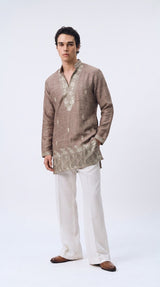 Men's mushroom taupe kurta with silver botanical threadwork and ivory trousers