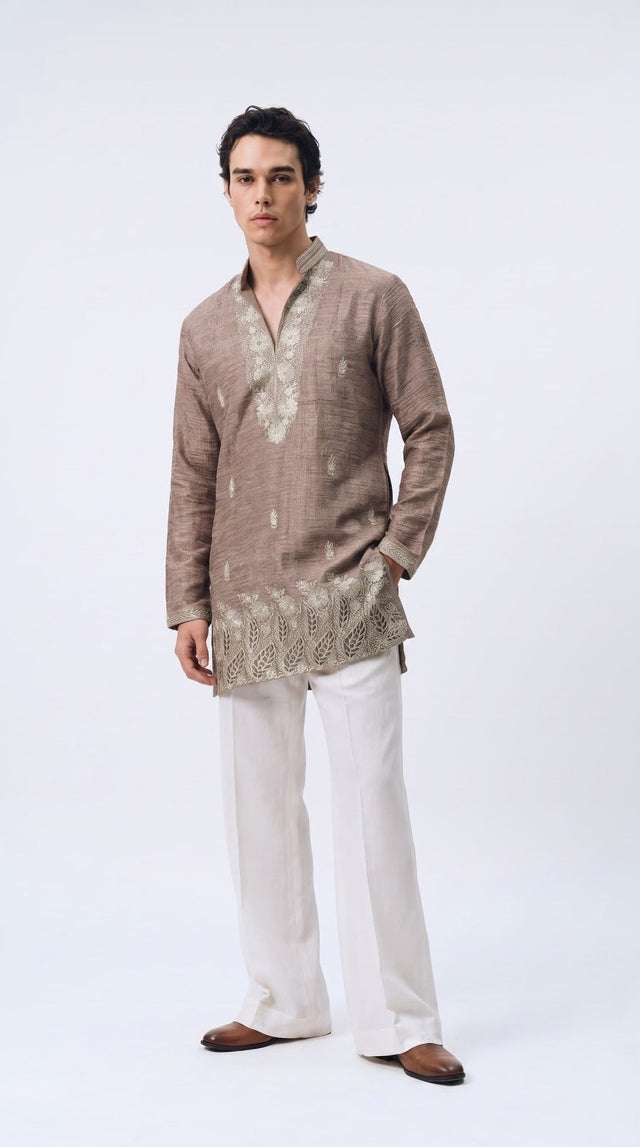 Men's mushroom taupe kurta with silver botanical threadwork and ivory trousers