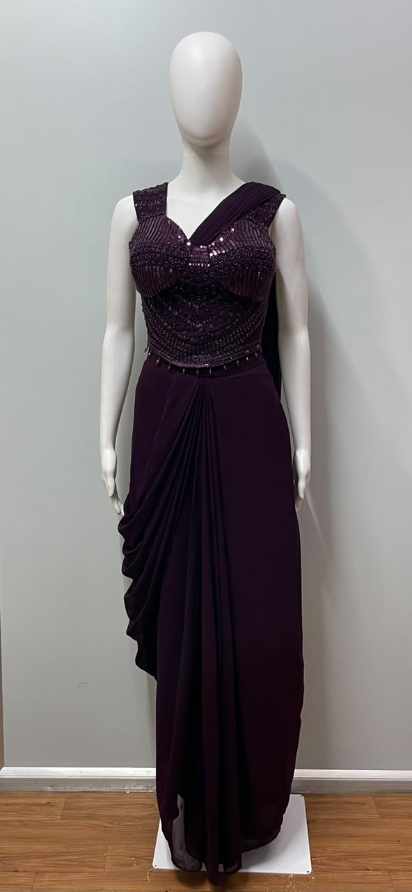 Plum Mirror Draped Saree Set