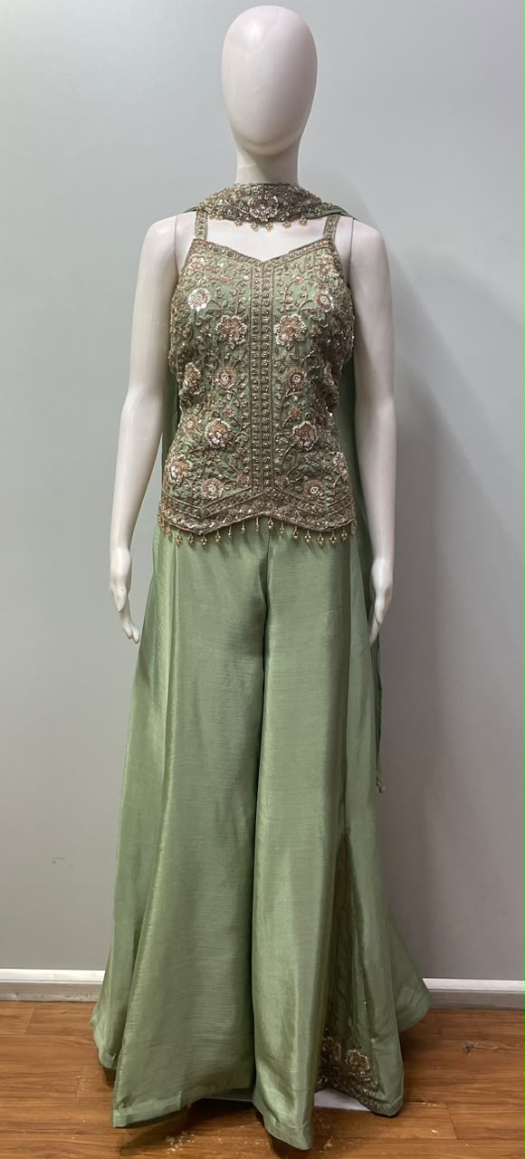 Sage Green Antique Gold Floral Palazzo Set