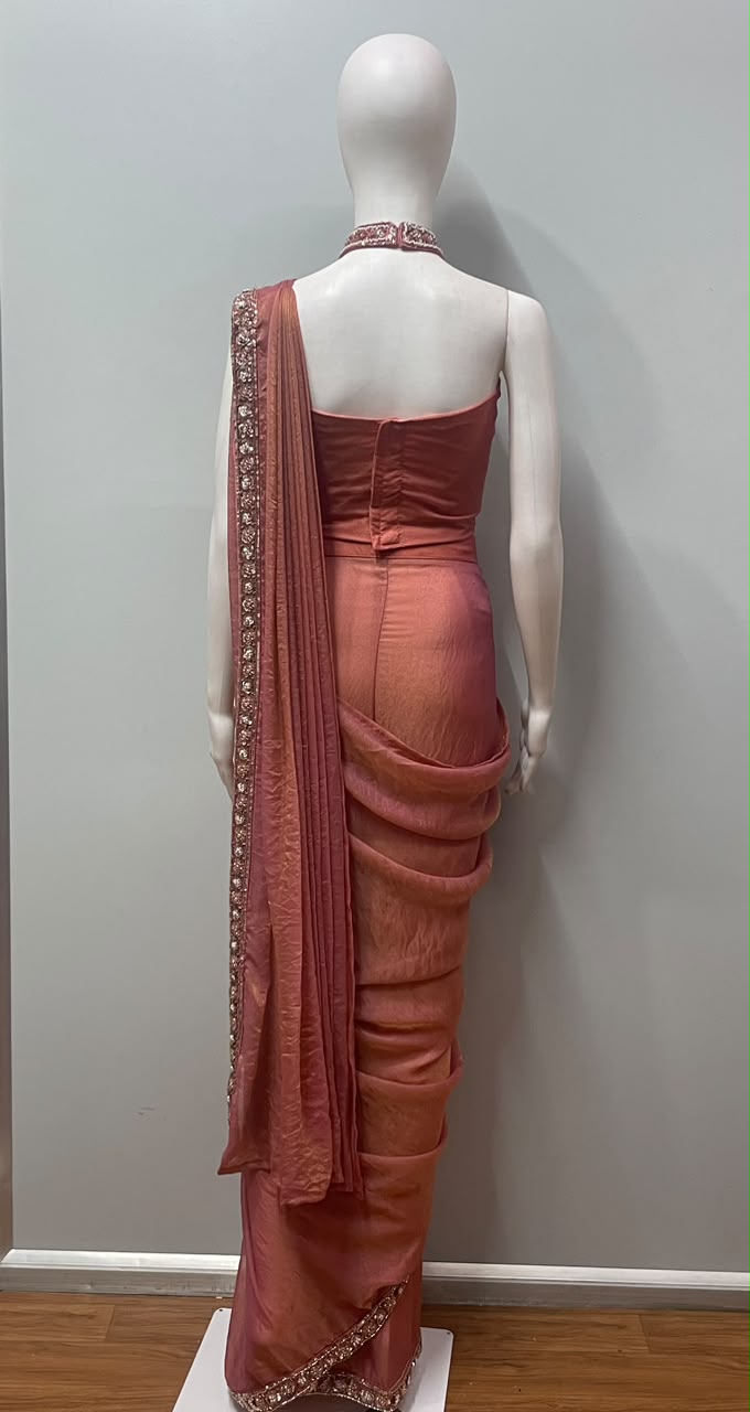 Coral Mirror Draped Saree Set