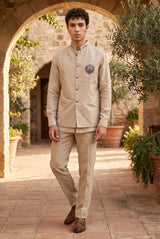 Sand Beige Brooch Men's Waistcoat Kurta Set