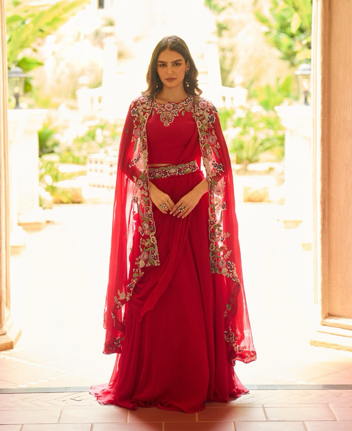 Crimson Multicolor Floral Cape Draped Skirt Set