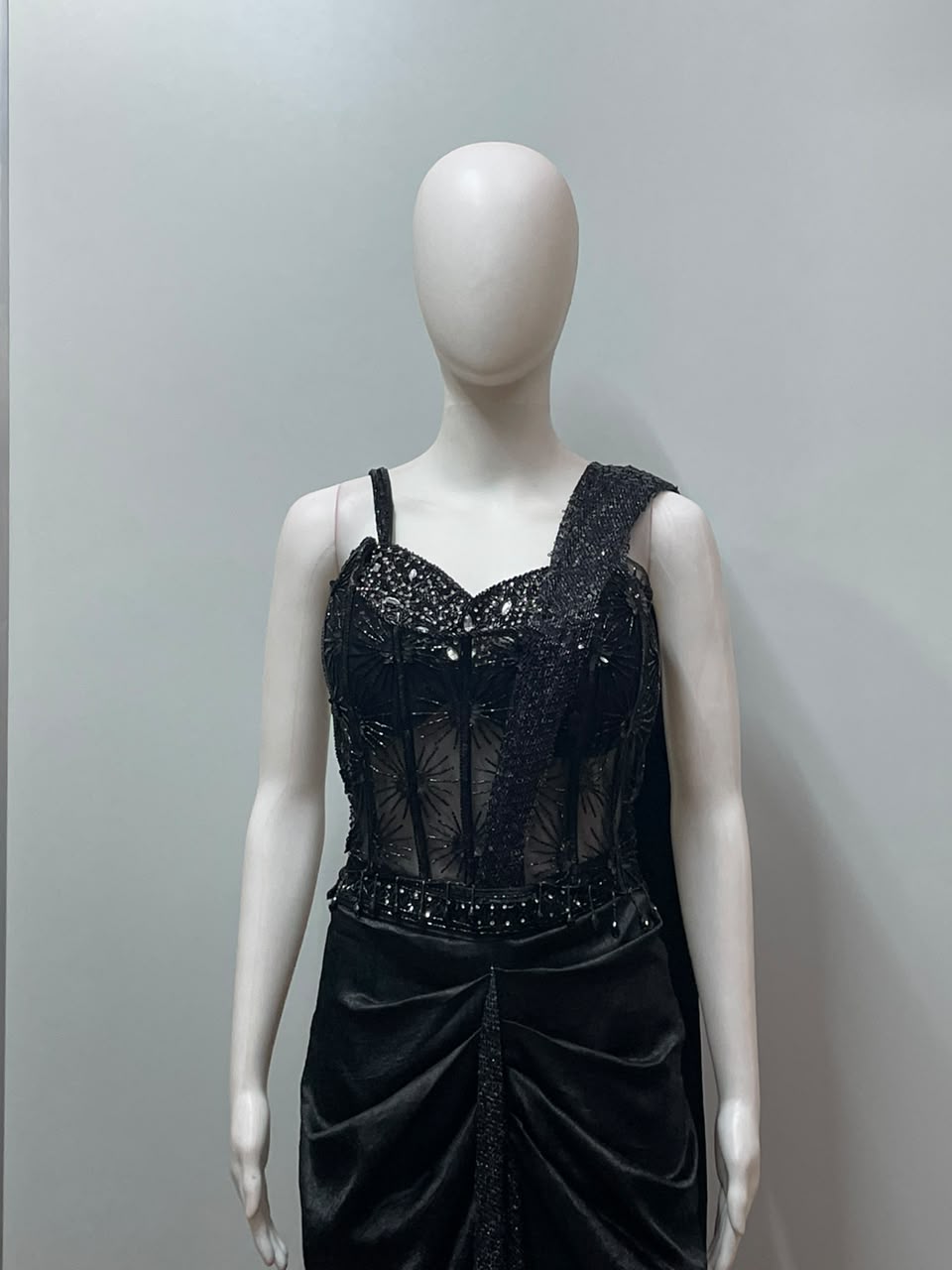 Black Crystal Draped Saree Set