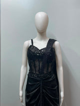 Black Crystal Draped Saree Set
