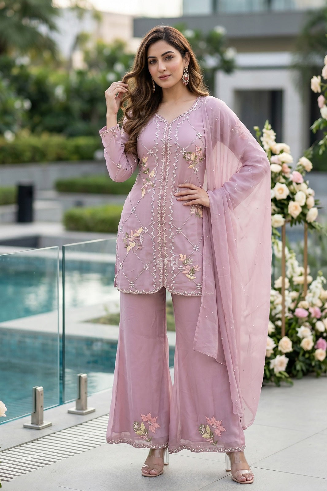 Dusty Lilac Floral Crystal Palazzo Set