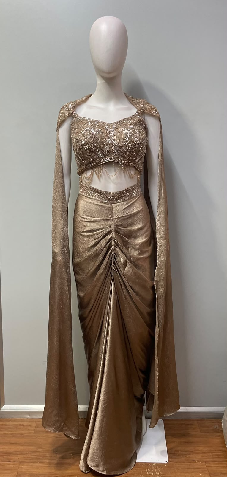 Champagne Bronze Jewel Draped Skirt Set