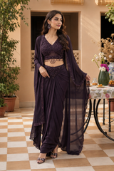 Midnight Plum Crystal Draped Saree Cape Set