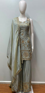 Silver Sage Gold Embroidered Sharara Couture Ensemble