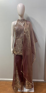 Smoky Taupe Antique Gold Halter Palazzo Set
