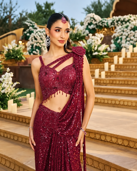 Deep Wine Sequin Floral Draped Saree Set