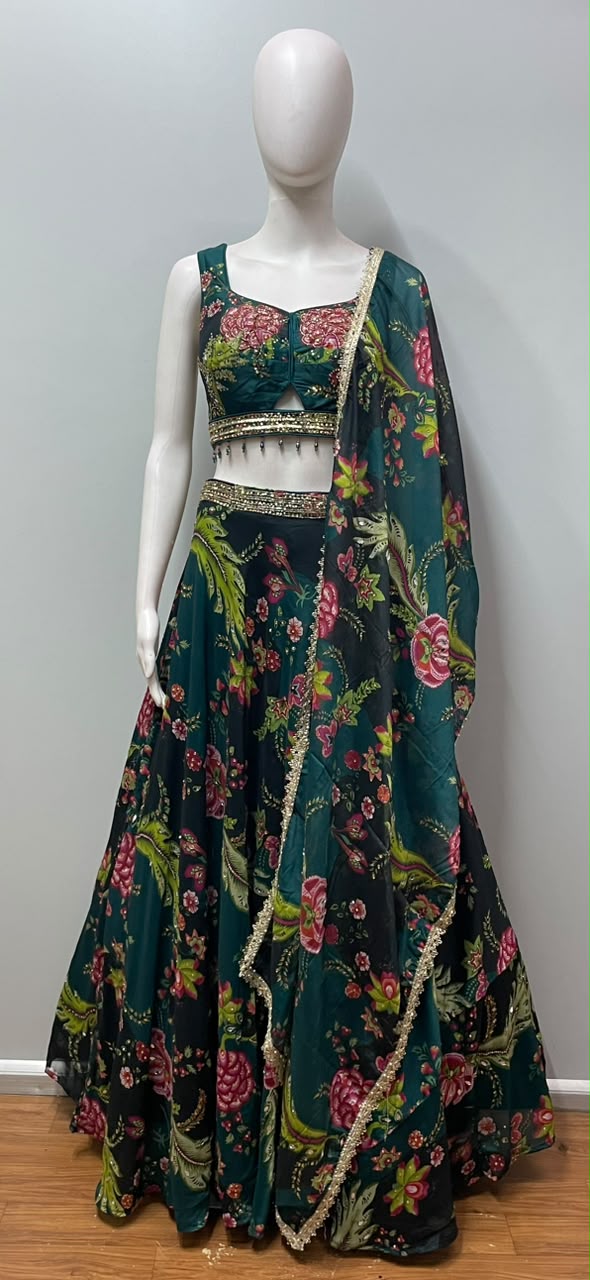 Peacock Teal Floral Embroidered Lehenga Set