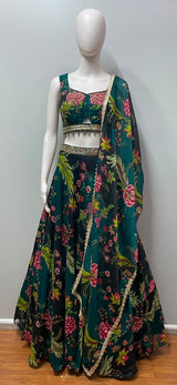 Peacock Teal Floral Embroidered Lehenga Set