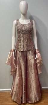 Sleeveless longline top in rose taupe with a squared beaded neckline