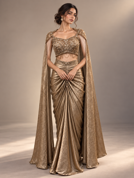 Champagne bronze jewel draped skirt set, front view of the blouse