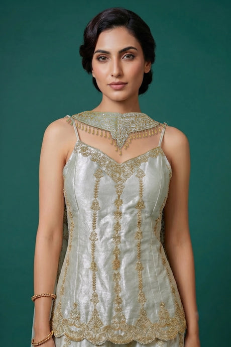 Pistachio Gold Embroidered Sharara Couture Ensemble