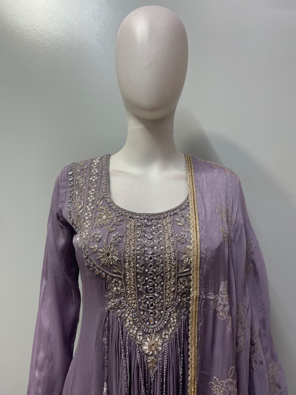 Smoky Lilac Silver Embroidered Anarkali Dupatta Set