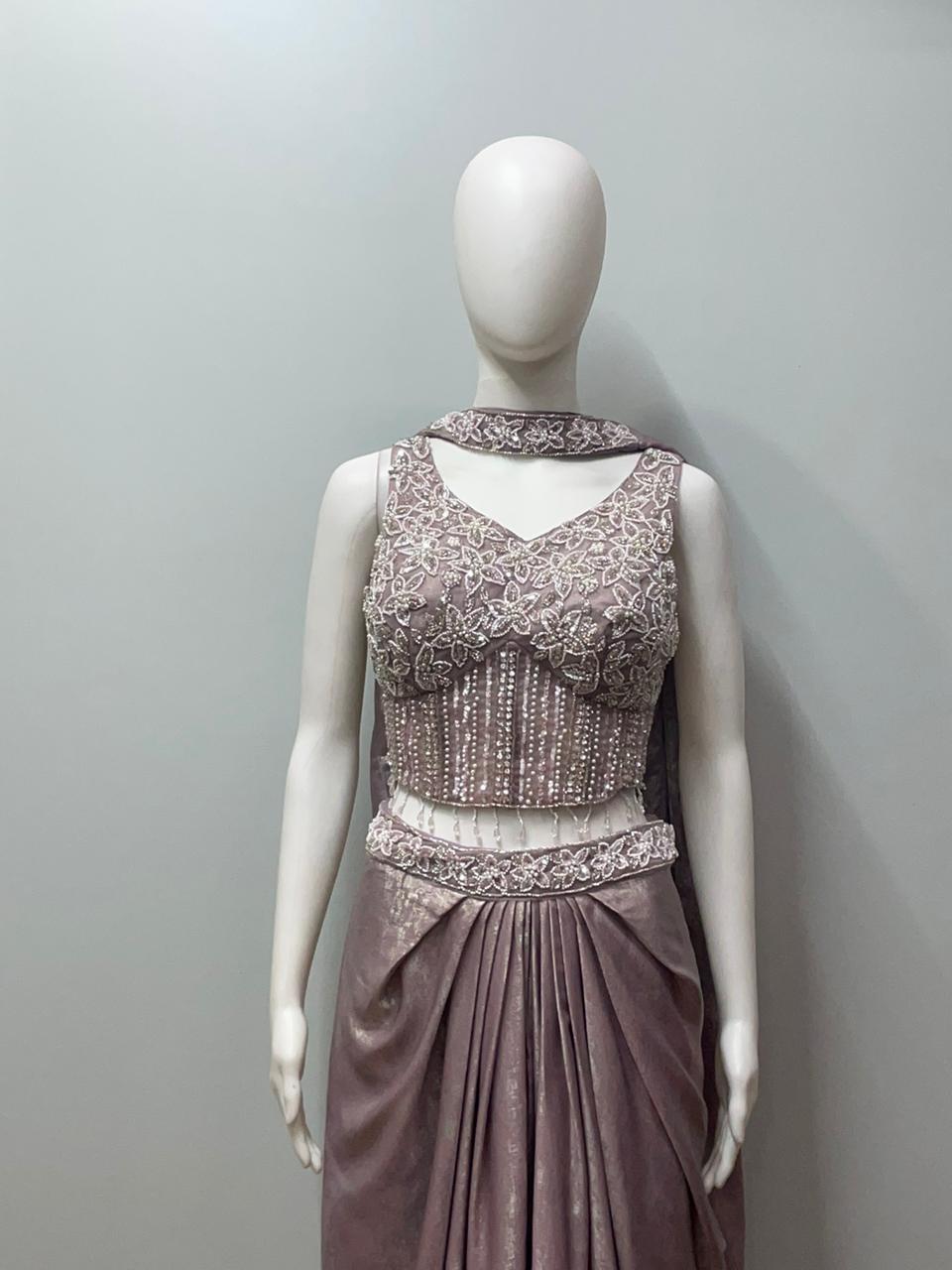 Mauve Silver Draped Saree Set
