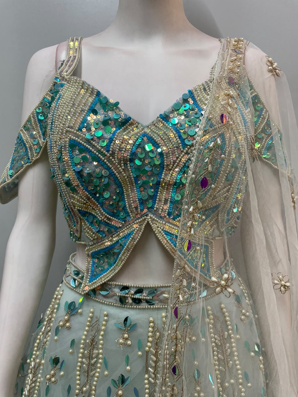 Seafoam Teal Floral Jewel Lehenga Set