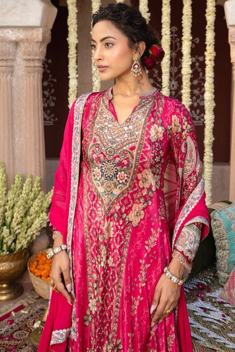 Rani Pink Multicolor Heritage Floral Anarkali Set