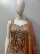 Peach gold jewel corset lehenga set from a second angle
