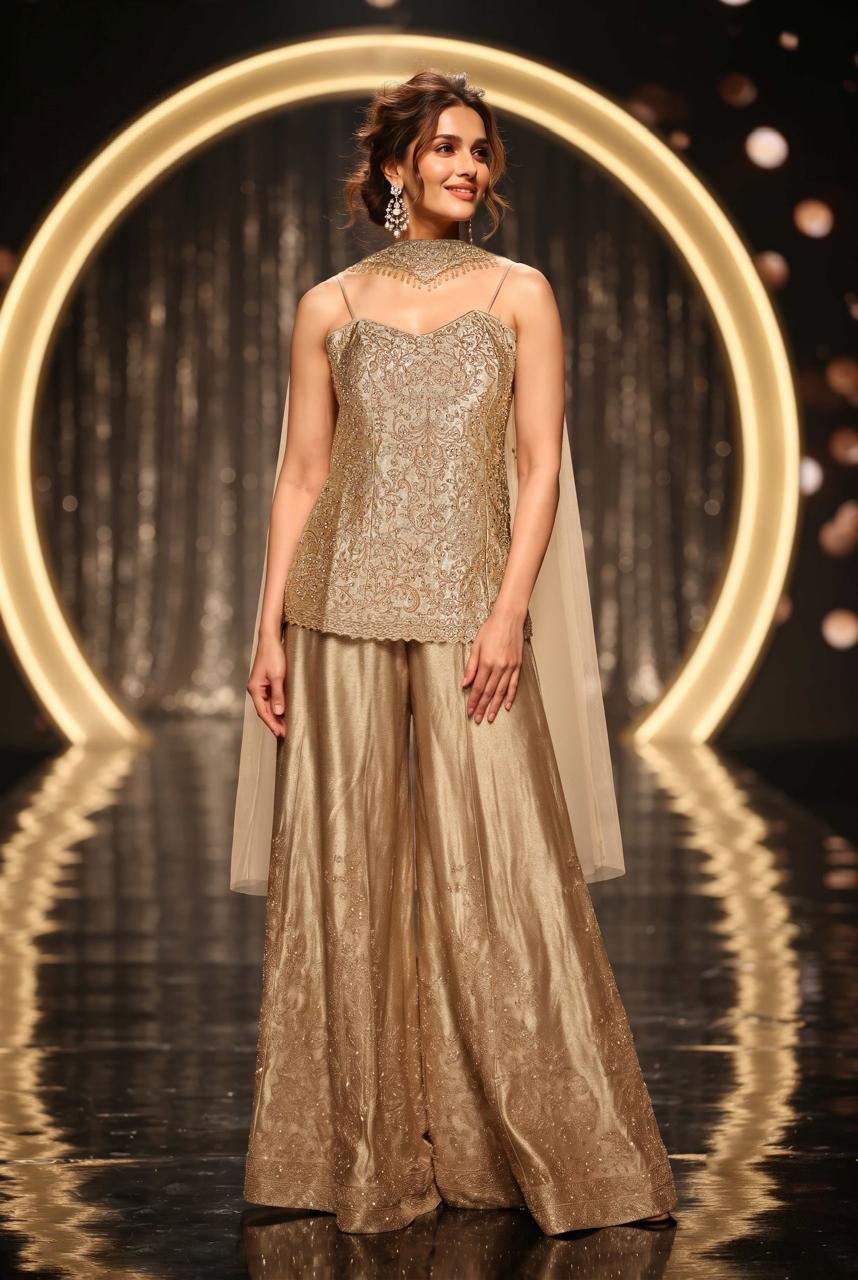 Champagne Gold Embroidered Palazzo Set