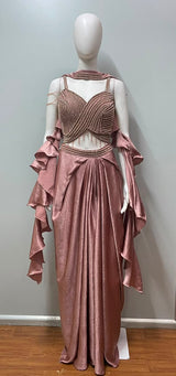 Rose Gold Ruffle Draped Saree Set