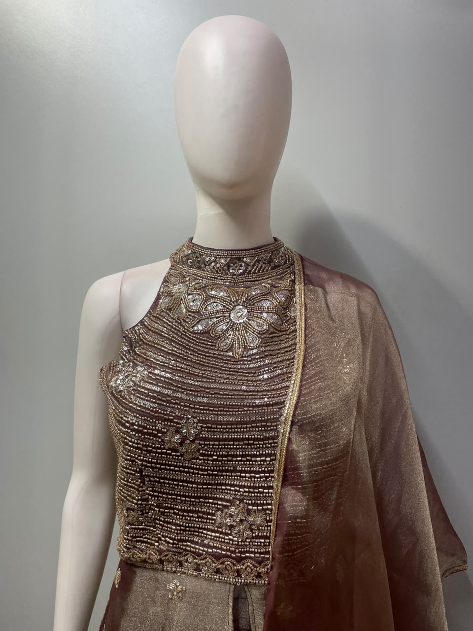 Smoky Taupe Antique Gold Halter Palazzo Set