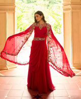Crimson Multicolor Floral Cape Draped Skirt Set
