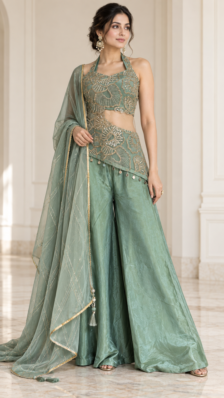 Seafoam Mint Antique Gold Floral Palazzo Set