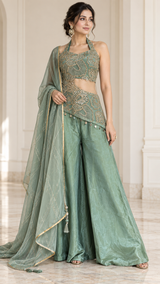 Seafoam Mint Antique Gold Floral Palazzo Set