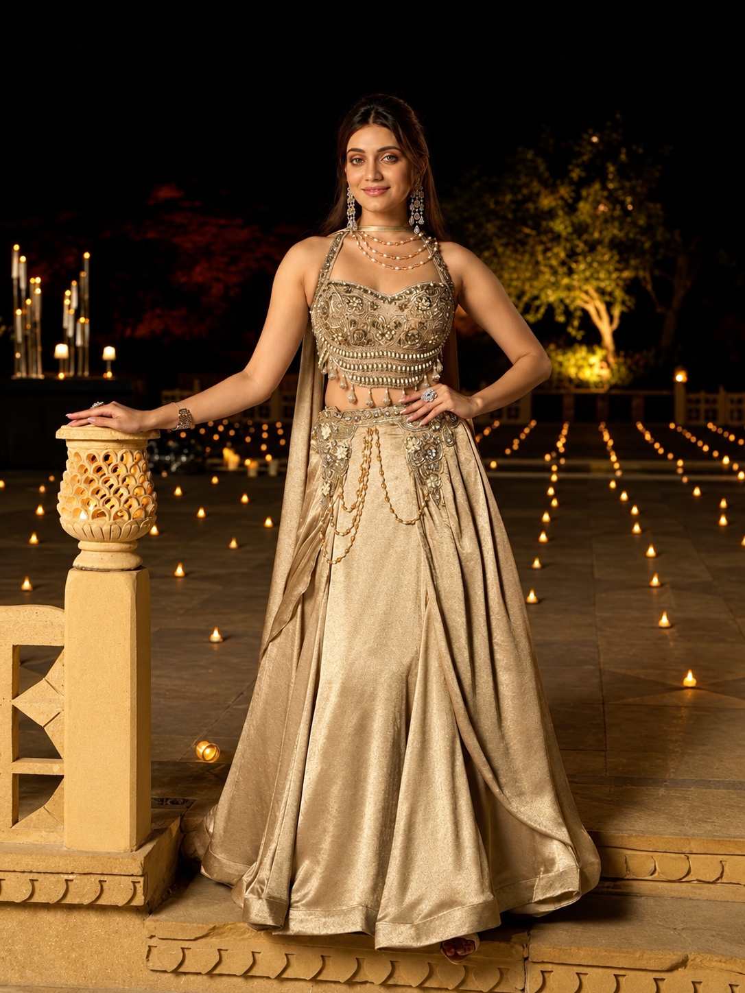 Champagne Gold Pearl Jewel Draped Lehenga Set
