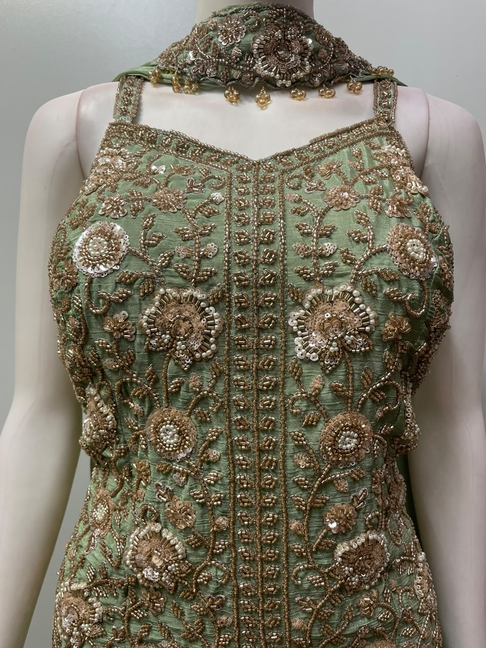 Sage Green Antique Gold Floral Palazzo Set