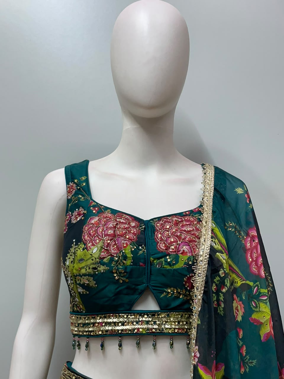 Peacock Teal Floral Embroidered Lehenga Set