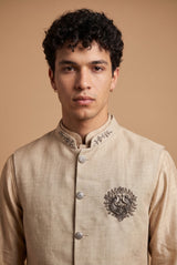 Sand Beige Brooch Men's Waistcoat Kurta Set