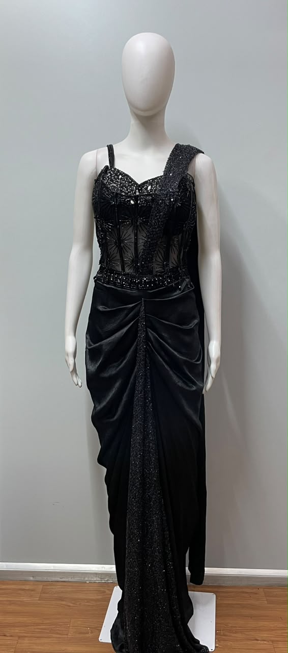 Black Crystal Draped Saree Set