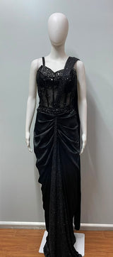 Black Crystal Draped Saree Set