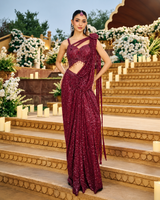 Deep Wine Sequin Floral Draped Saree Set