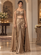 Champagne Bronze Jewel Draped Skirt Set