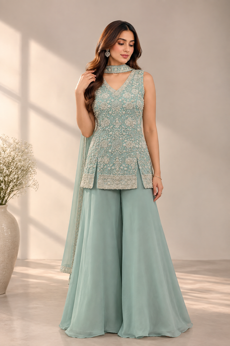 Aqua mint palazzo set with silver beadwork on a sleeveless V-neck top