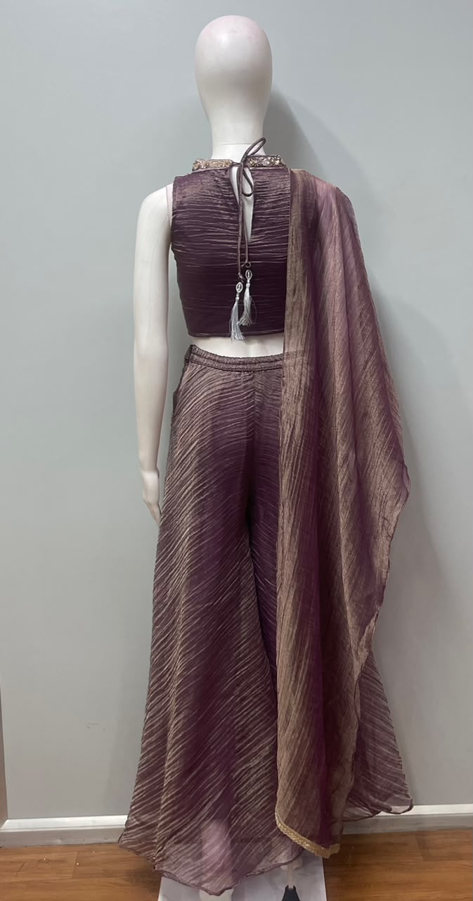 Mauve Gold Jewel Embroidered Palazzo Drape Set