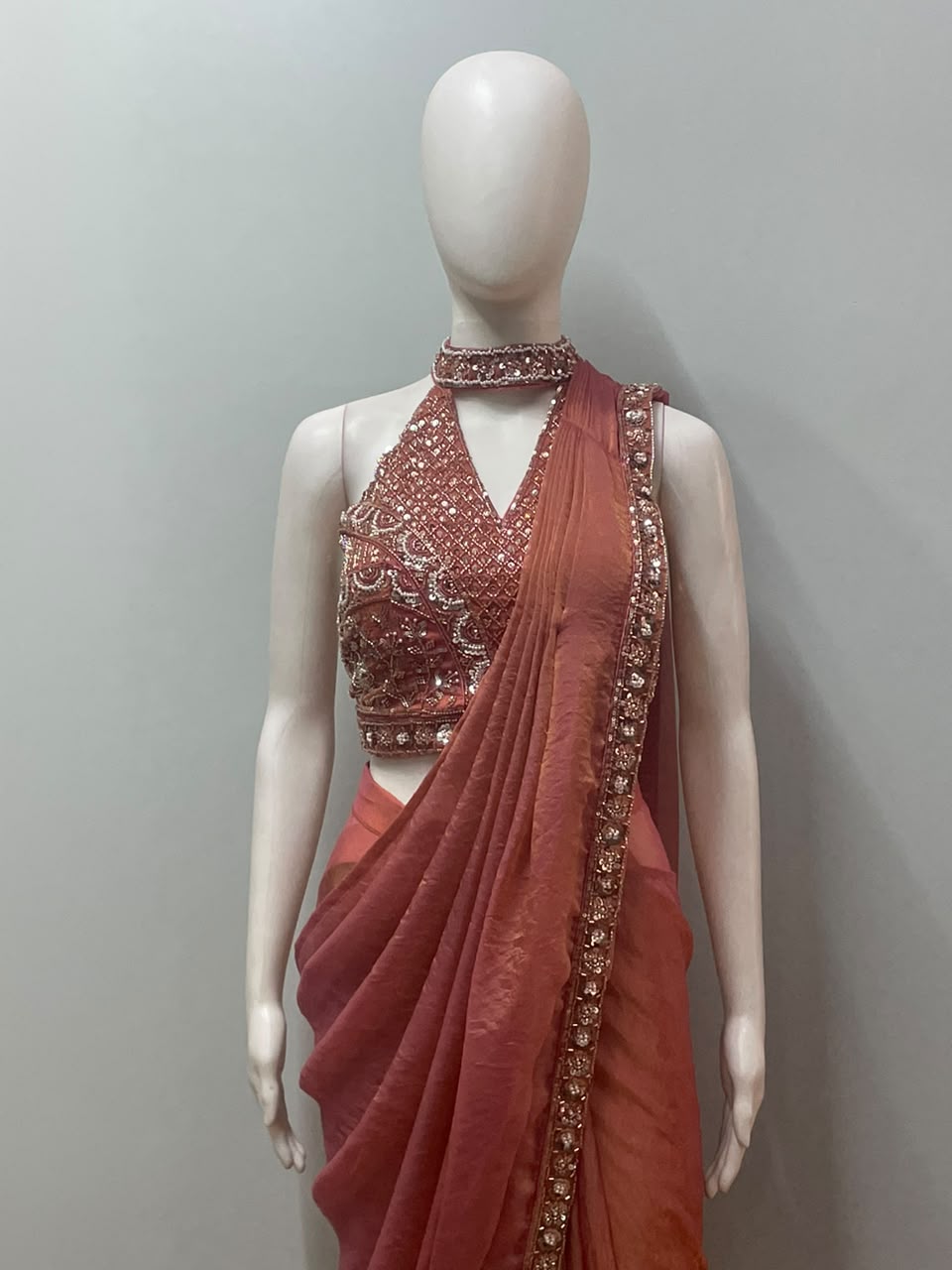 Coral Mirror Draped Saree Set