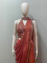 Coral Mirror Draped Saree Set