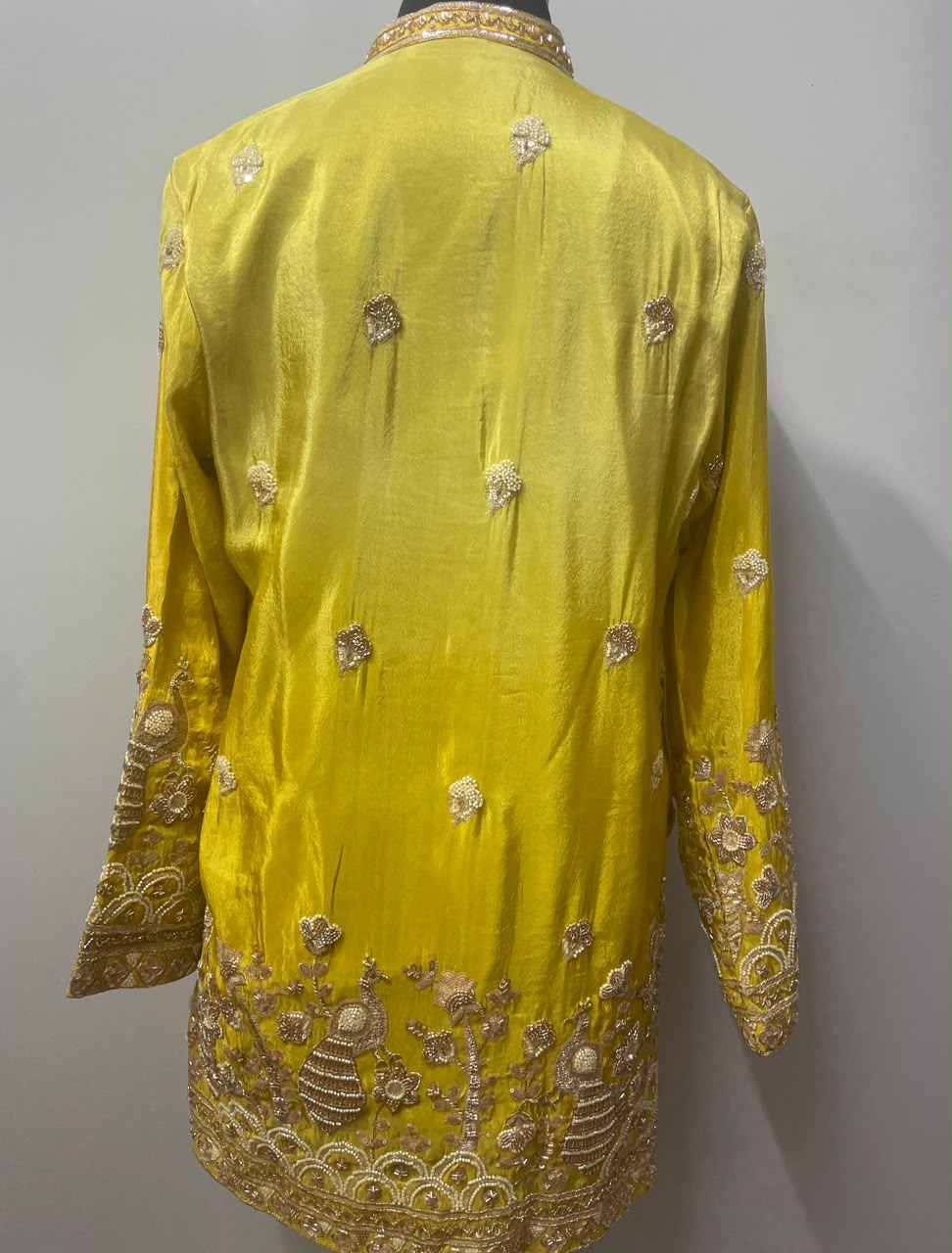 Chartreuse yellow kurta with matching trousers, full view