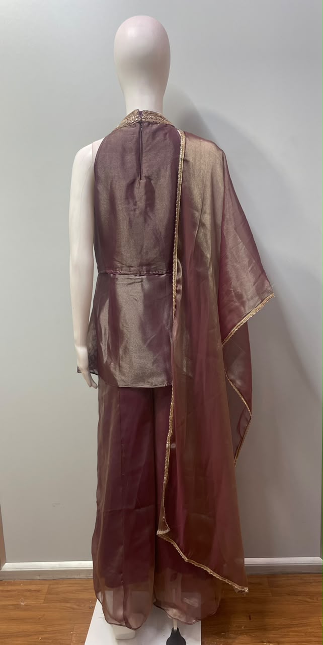 Smoky Taupe Antique Gold Halter Palazzo Set