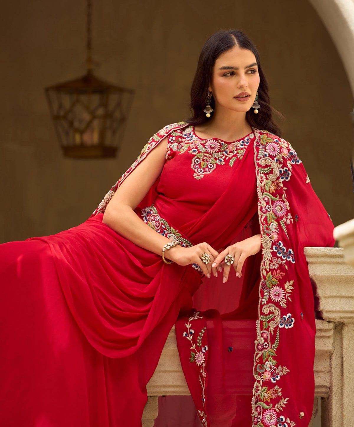 Crimson Multicolor Floral Cape Draped Skirt Set