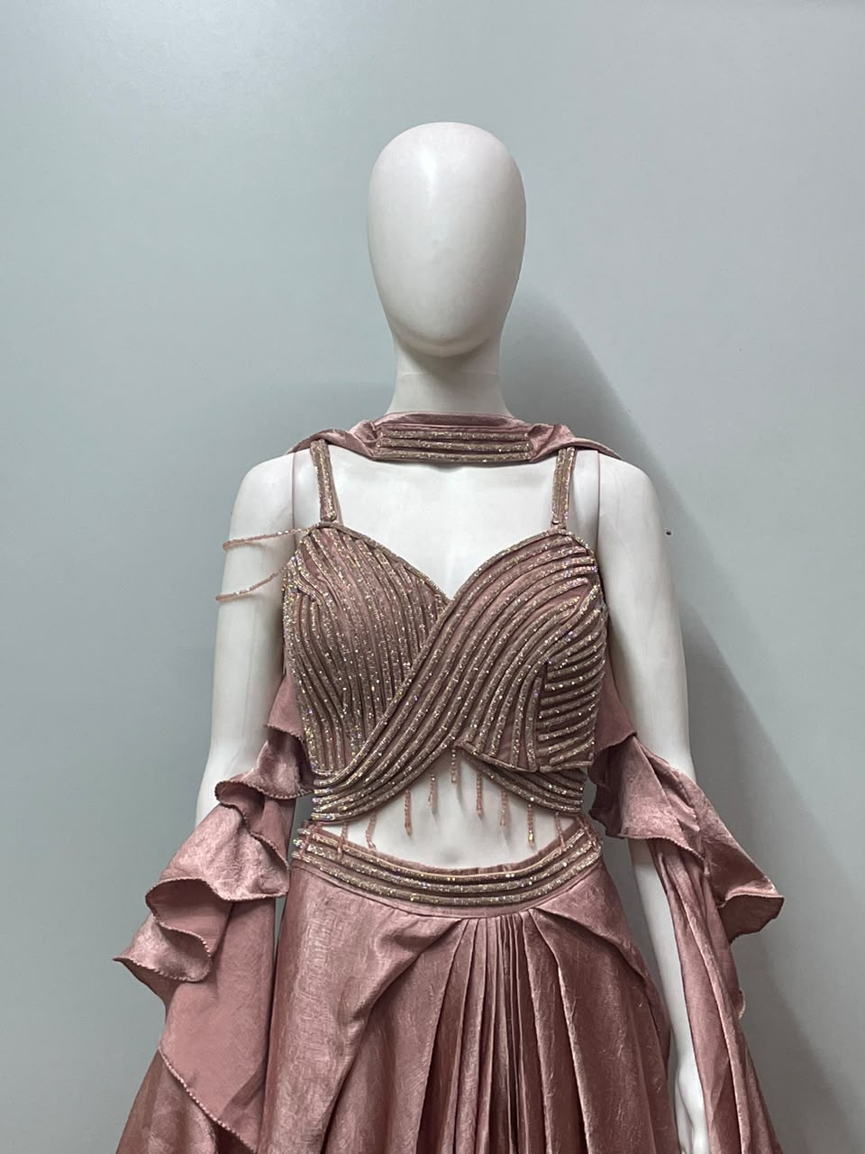 Rose Gold Ruffle Draped Saree Set